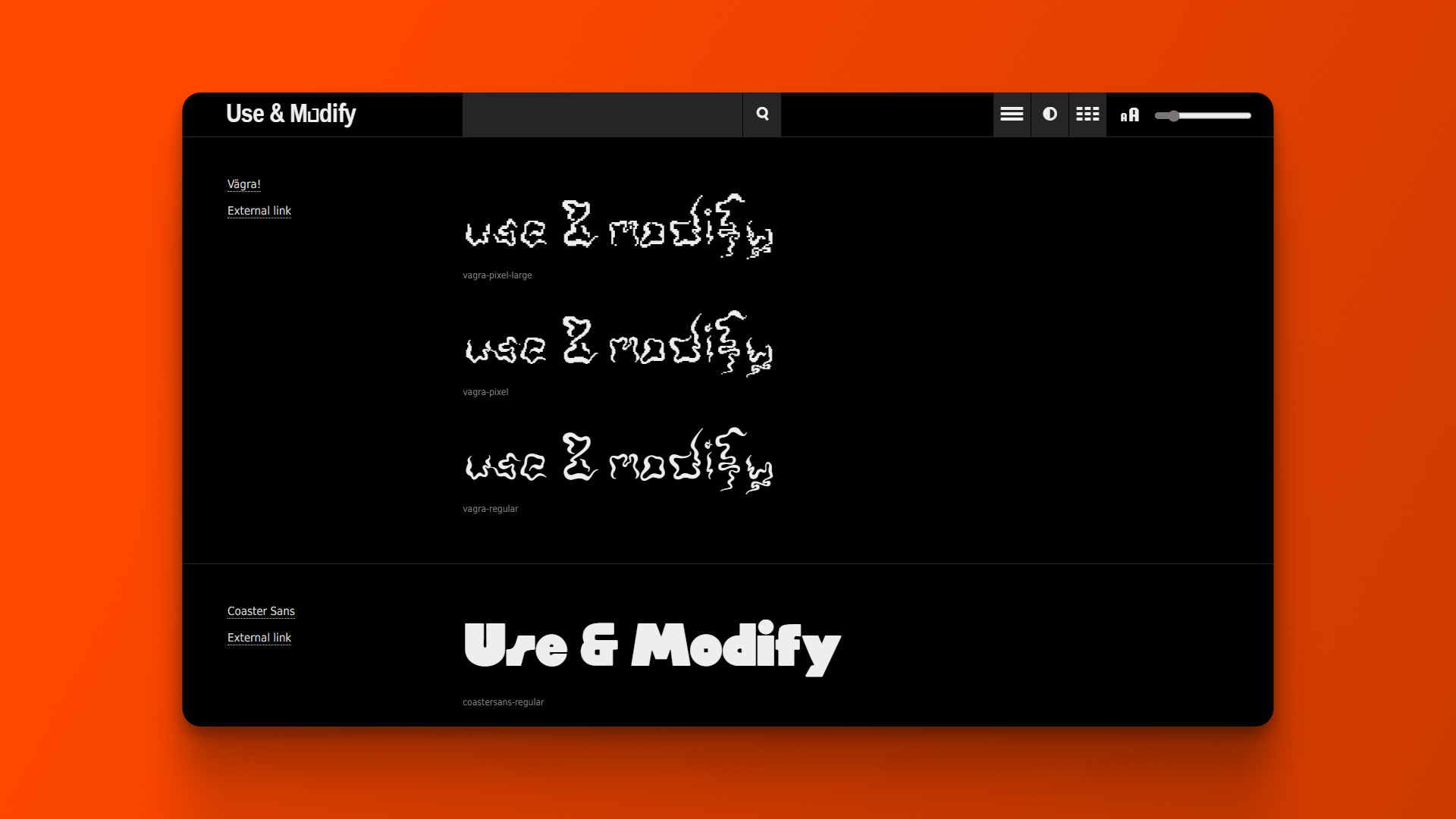 A screenshot of the Use & Modify website, showing a selection of open-source typefaces.