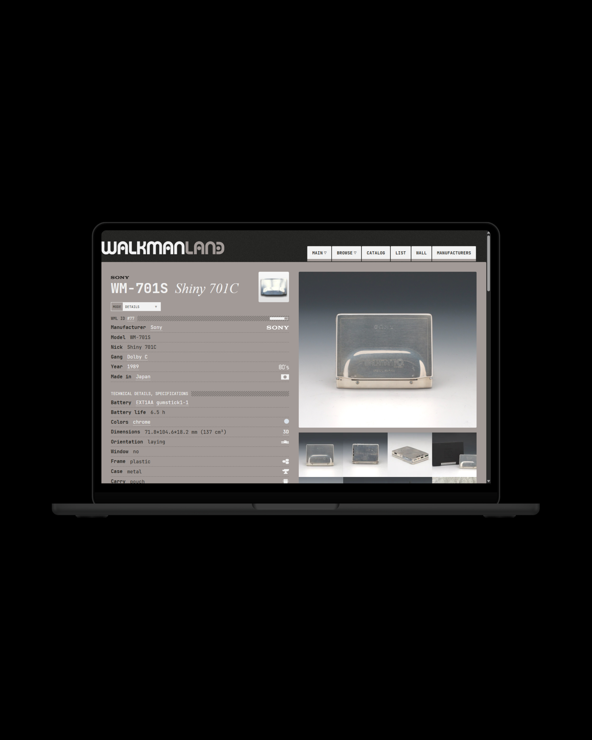 A screenshot of walkman.land showing a detailed product page for a specific Walkman model, including technical specifications and images.