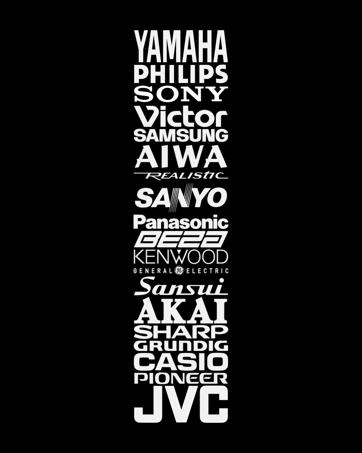 Grid of manufacturer logos from walkman.land, listing brands that produced portable cassette players, including Sony, Panasonic, Aiwa, Toshiba, Philips, Sharp and JVC.