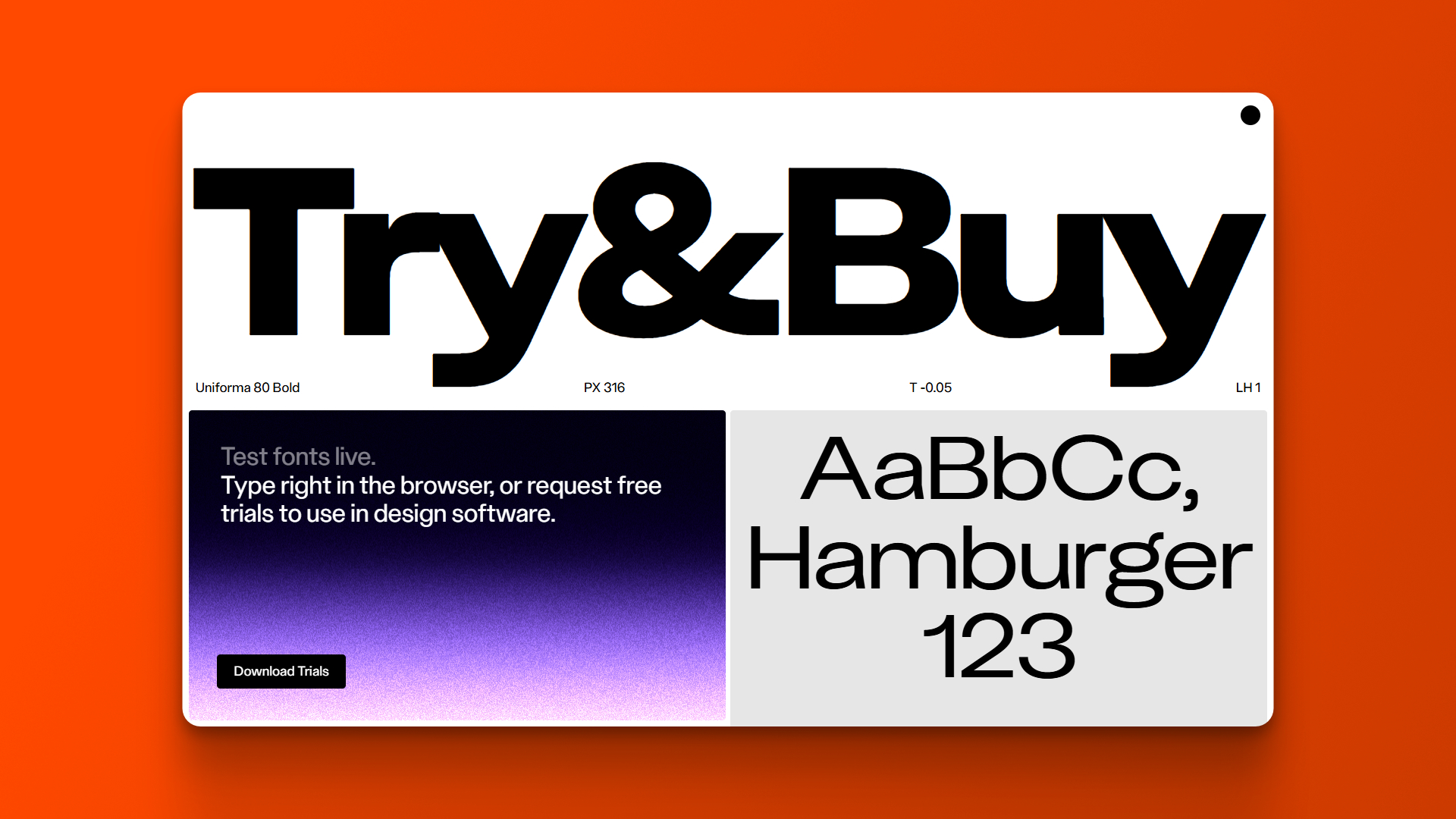 A screenshot of Kometa Type website showing the “Try&Buy” headline in bold type, with a live font preview and gradient background.
