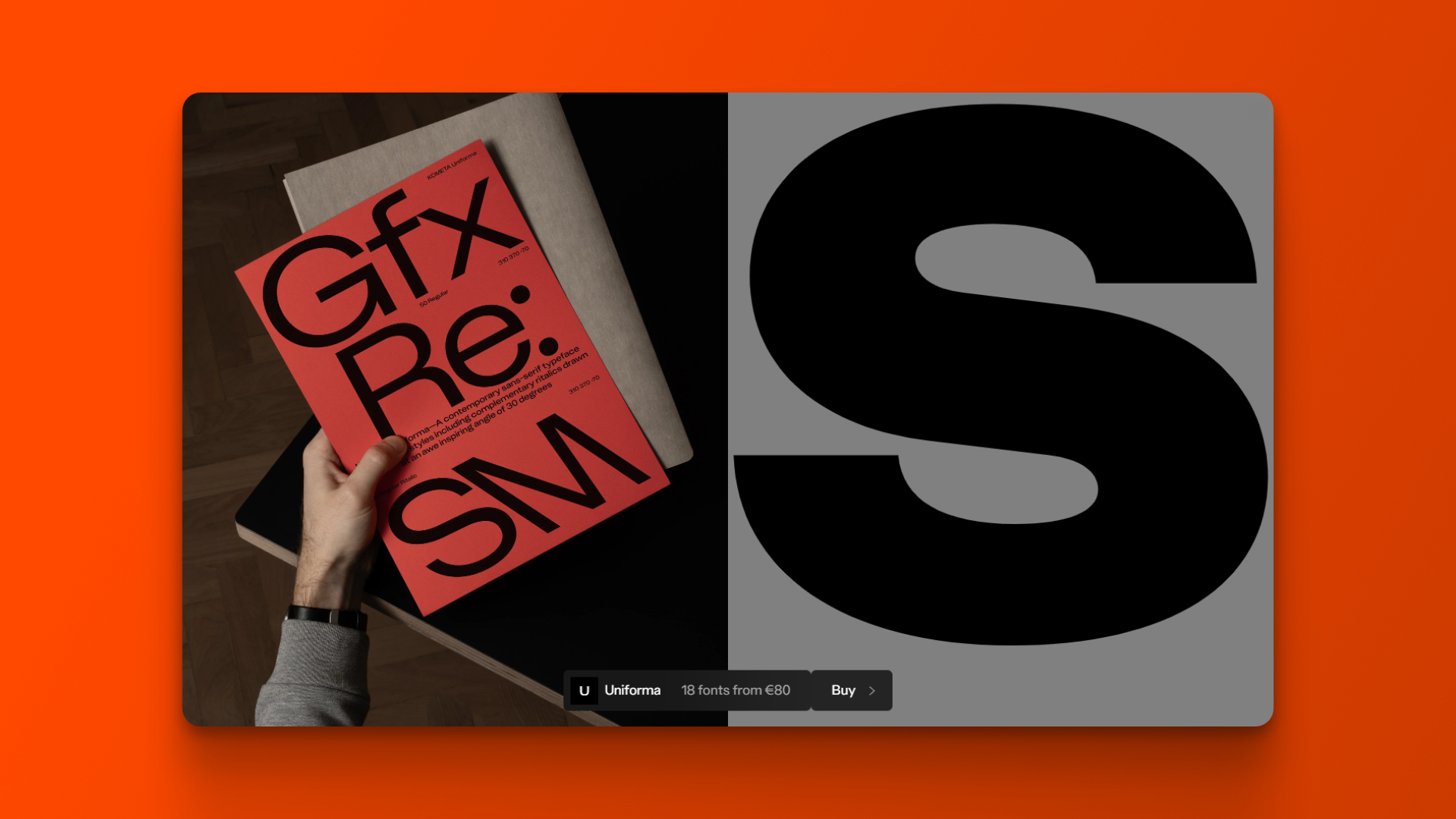 A screenshot of the Kometa Type website featuring a document photo and an oversized sans serif letter “S”.