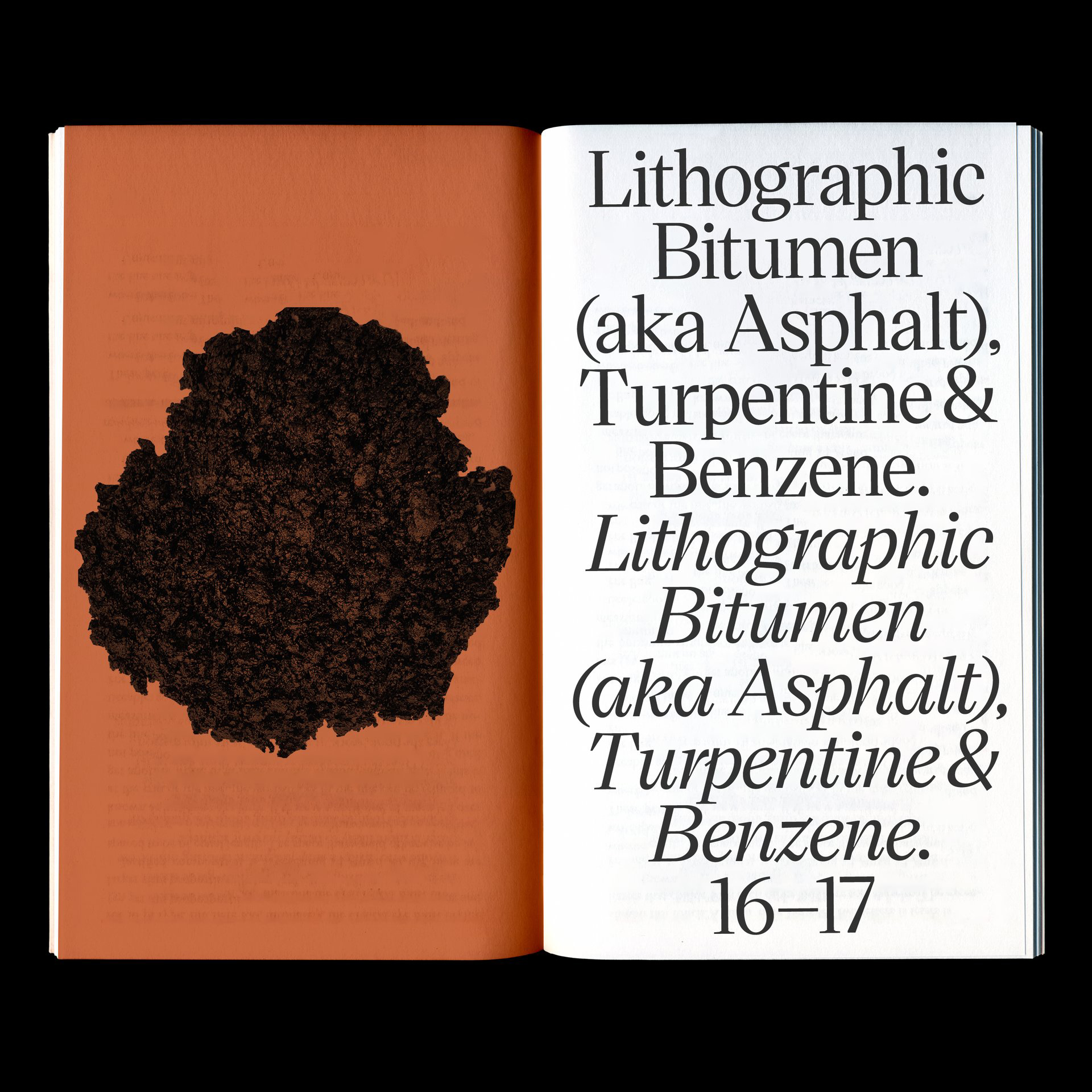 A double-page book layout with a serif typography composition on the right page and a large black asphalt texture on an orange background on the left page.