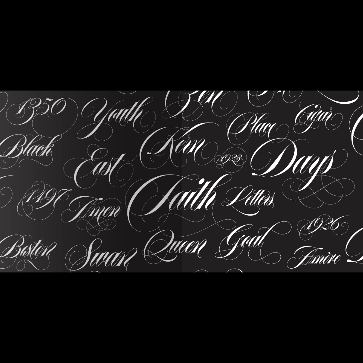 A dark specimen spread showing multiple words set in the Erotica script typeface, with long flowing swashes and high contrast strokes.