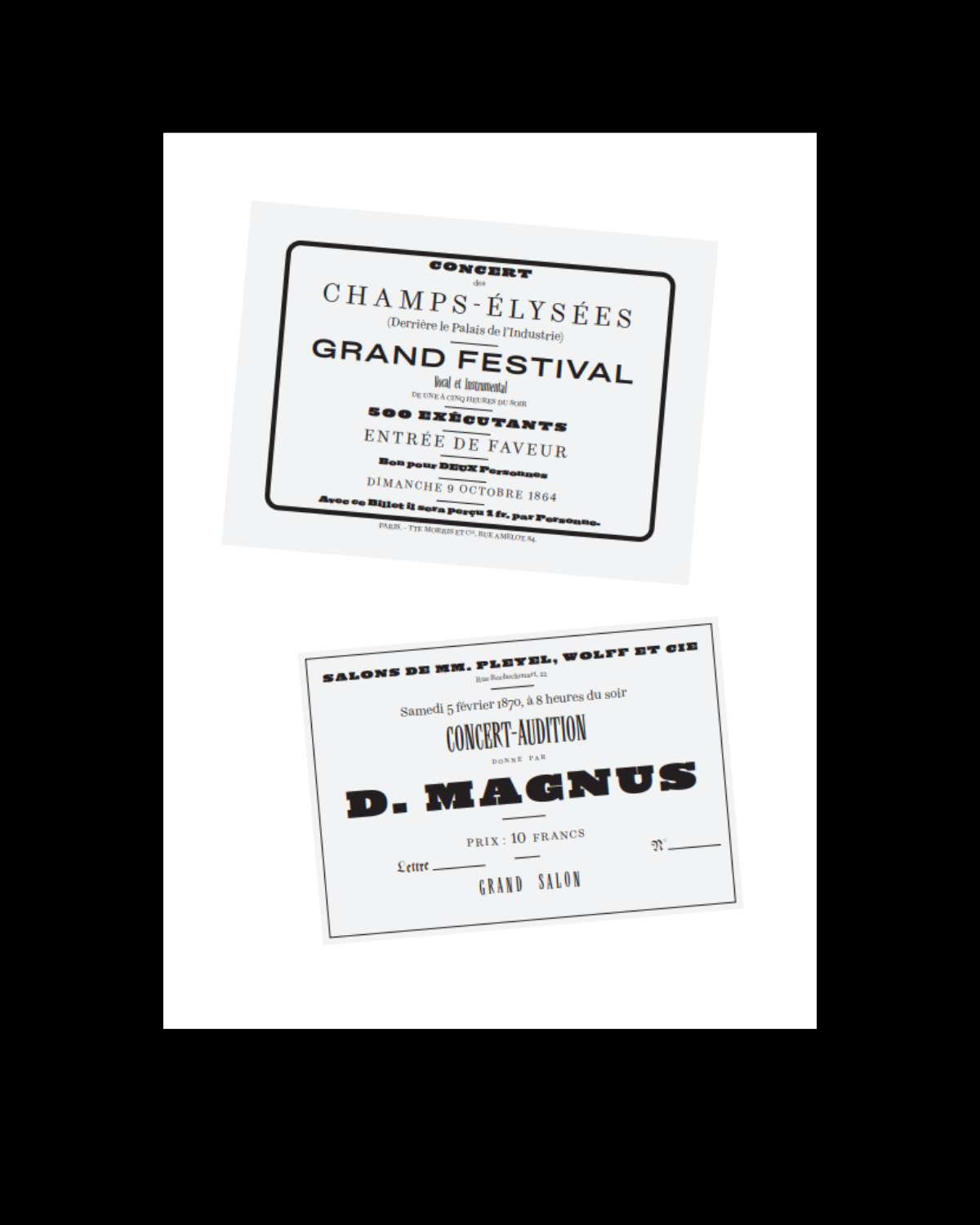 A page from the Drama type specimen showing two vintage concert tickets using different 19th-century typographic style.