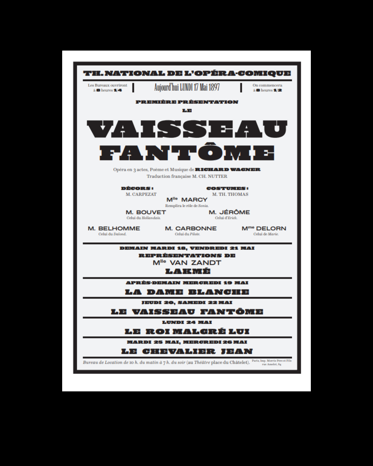 A page from the Drama type specimen showing a 19th-century opera poster layout with large display typography and multiple historical styles combined.