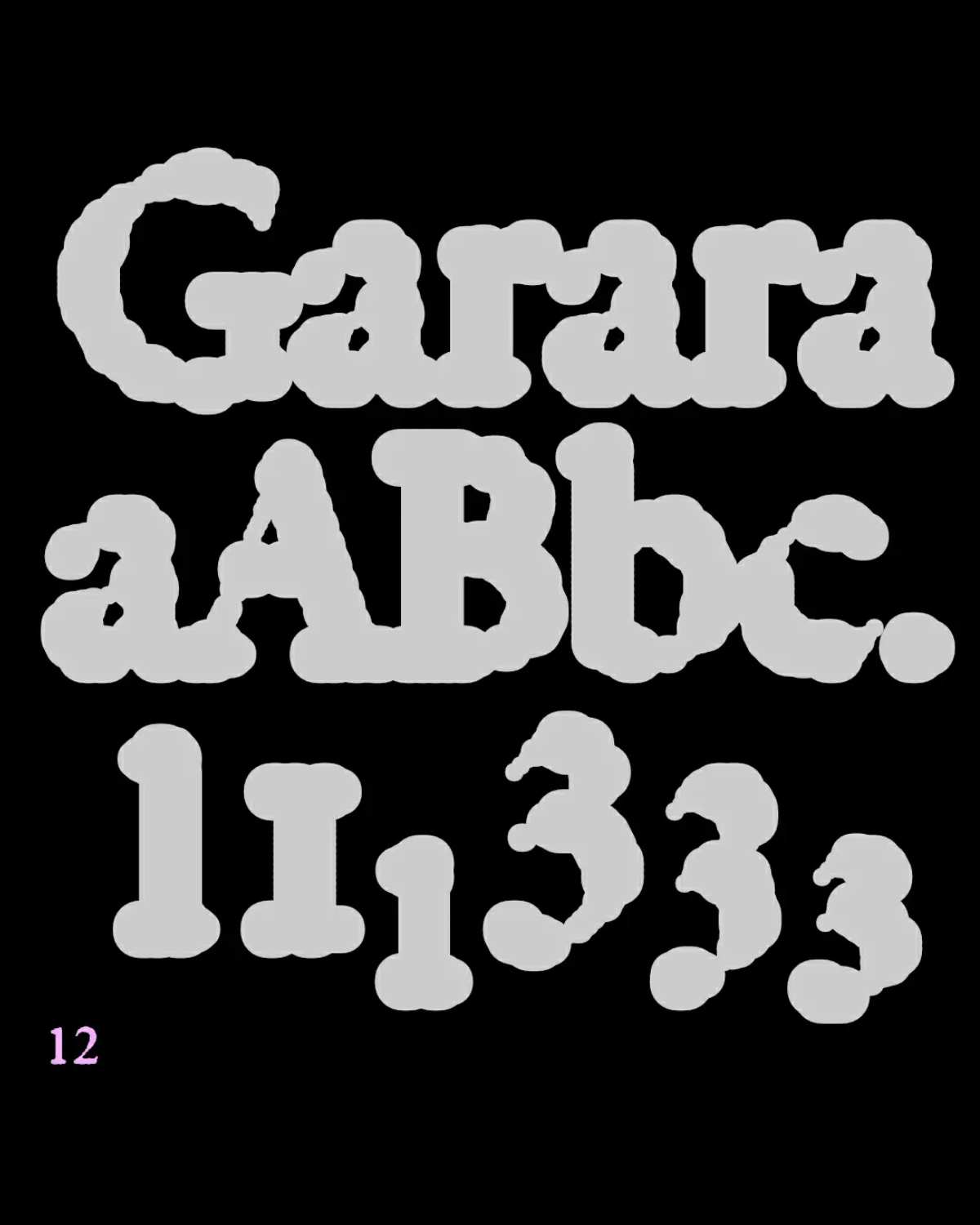 Garara typeface specimen featuring a bold, rounded, bubble-like style. Showcasing the alphabet and numerals with soft, inflated contours on a black background.