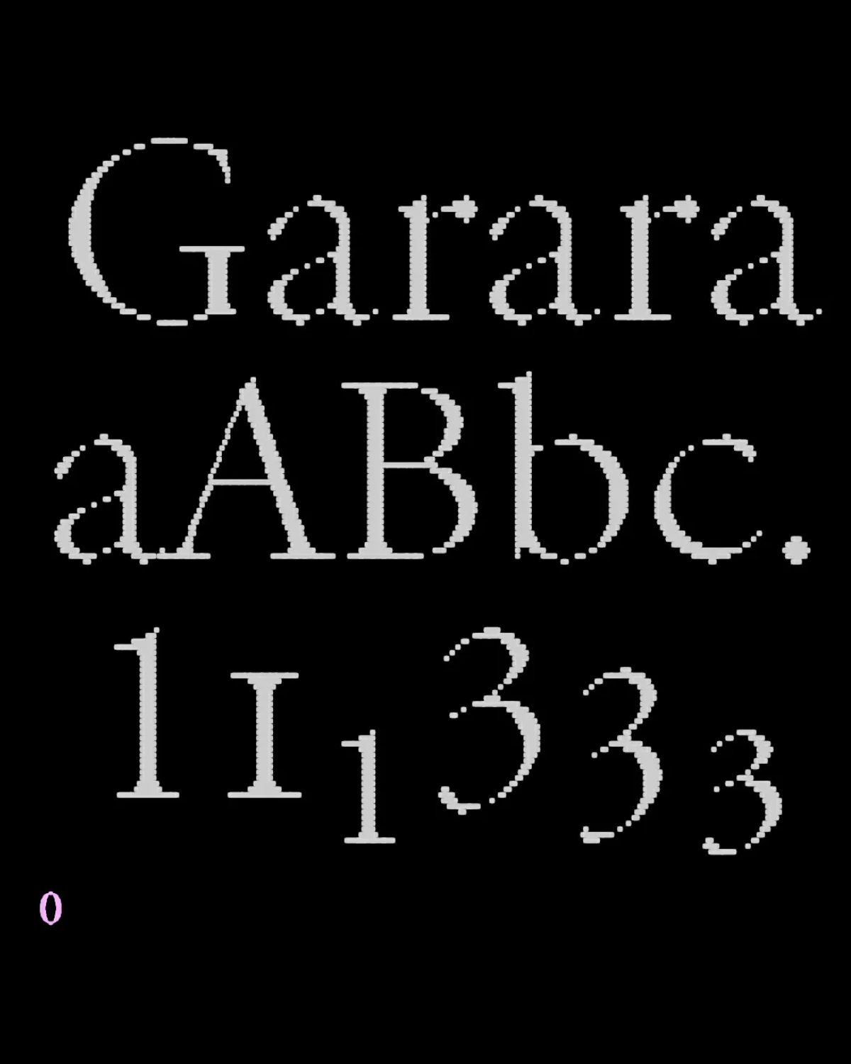 Garara typeface specimen showing a dotted, pixel-like texture. Displaying uppercase and lowercase letters, numbers, and punctuation on a black background.
