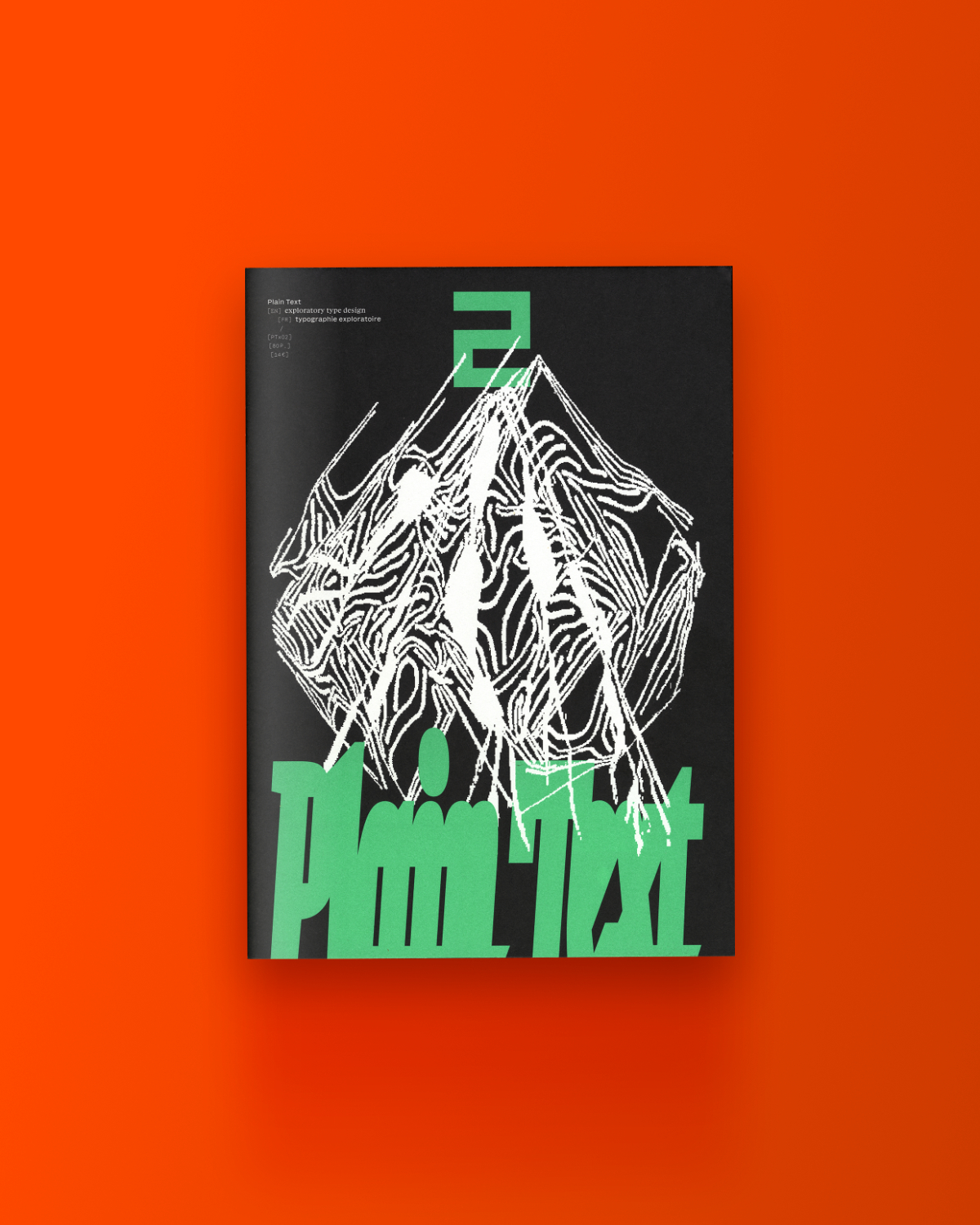 A poster design by Plain Form for Plain Text volume 2, displaying chaotic white line art and bold green lettering on a black background, presented on a bright orange backdrop.