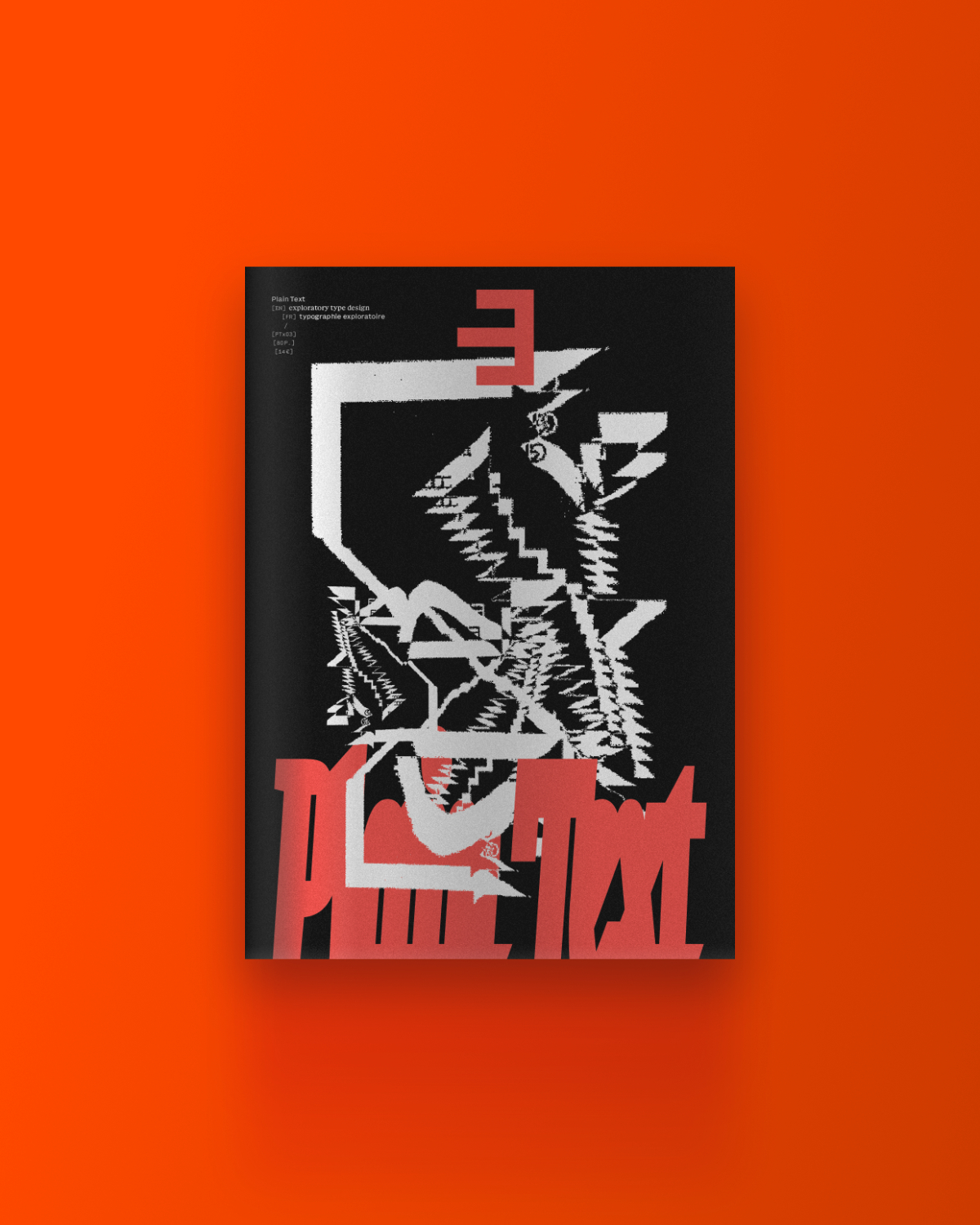 A photo of the cover of Plain Text volume 3, featuring abstract red and white typography distorted with a glitch effect on a black background, set against a vibrant orange surface.