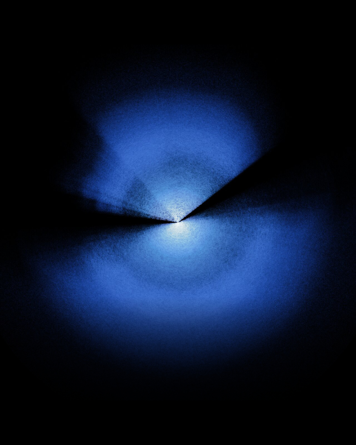 A visualization of the DESI map from Earth's perspective at the center. Two blue cones of observed galaxies extend into the darkness, separated by dark bands representing the obscuring dust and stars of our own Milky Way galaxy.