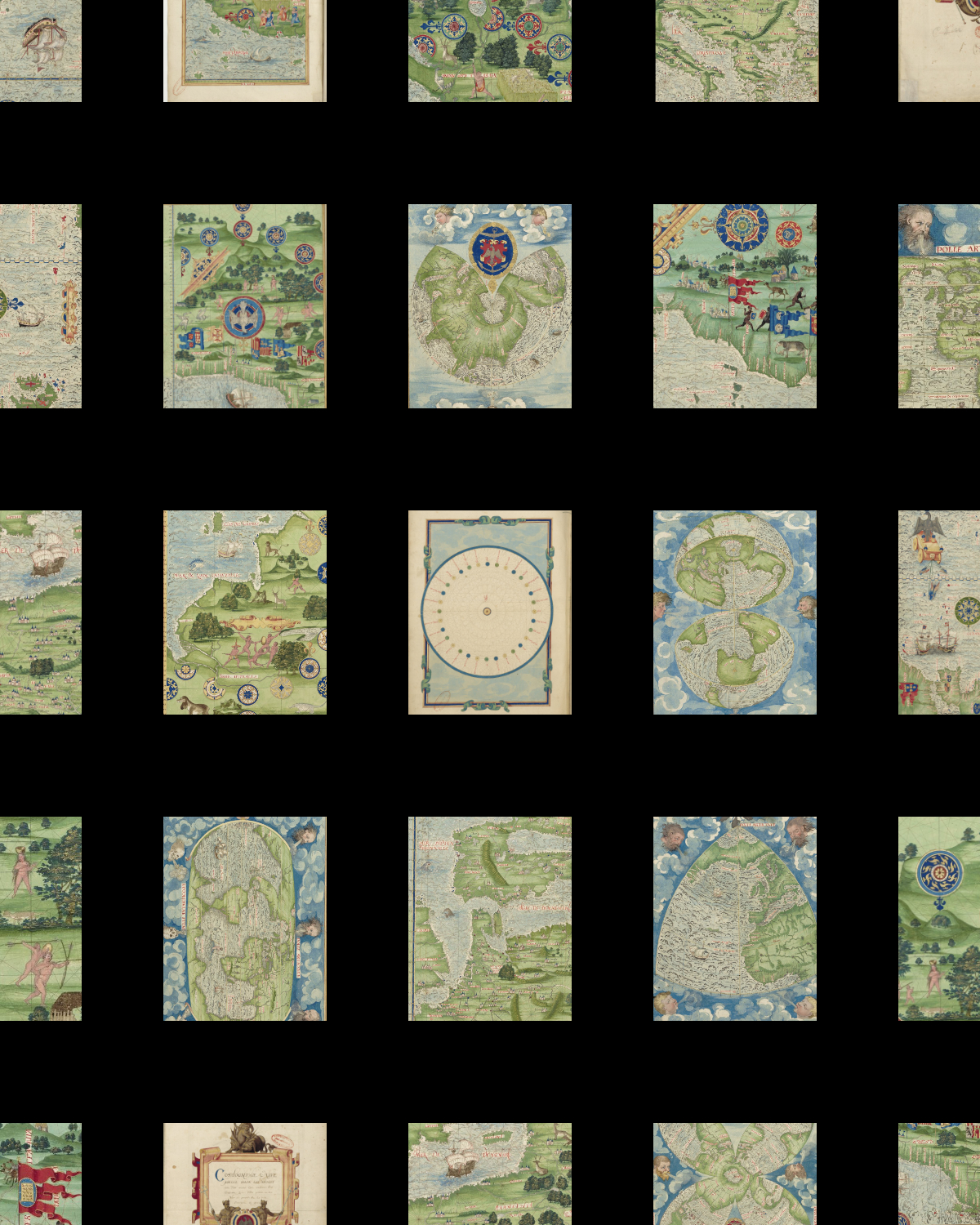 A poster of grid layouts featuring colorful details from Guillaume Le Testu’s 1555 Cosmographie universelle, showing historical maps with decorative compass roses, ships, and figures.
