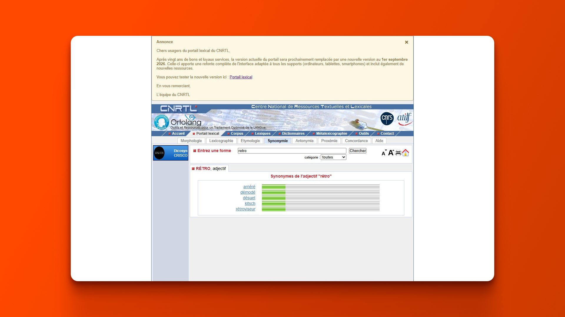 A screenshot of the old CNRTL interface showing a search for &amp;amp;quot;retro&amp;amp;quot; with its iconic 1990s gray design, dense frames, and green synonym bars.