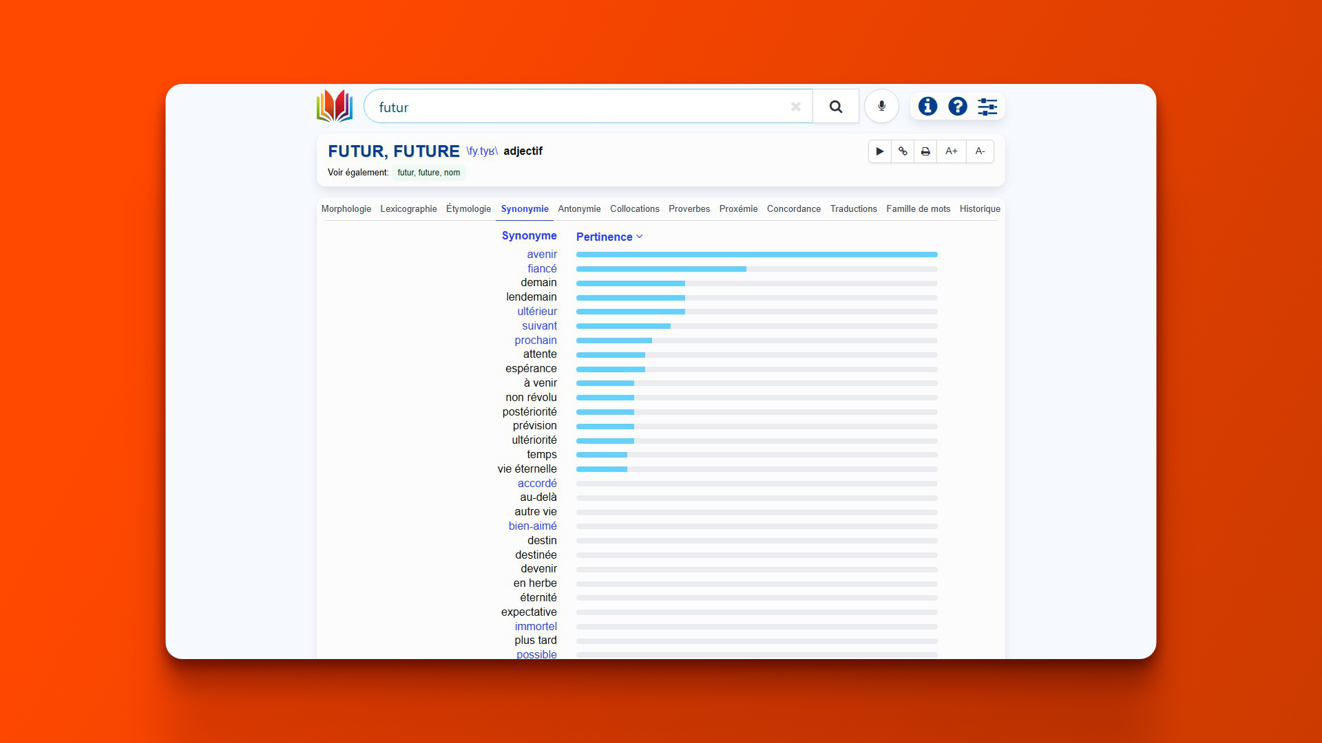 A screenshot of the new CNRTL interface showing a search for &amp;amp;quot;futur&amp;amp;quot; with a clean, modern white layout and blue synonym bars.